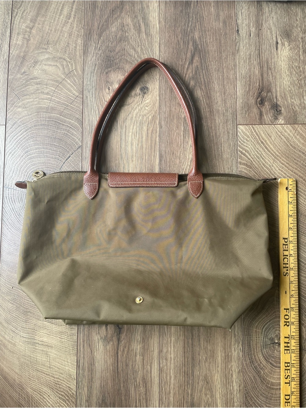 Vintage Longchamp Le Pliage Large Tote Bag Olive Green Leather Trim Gold Snap - Picture 2 of 16